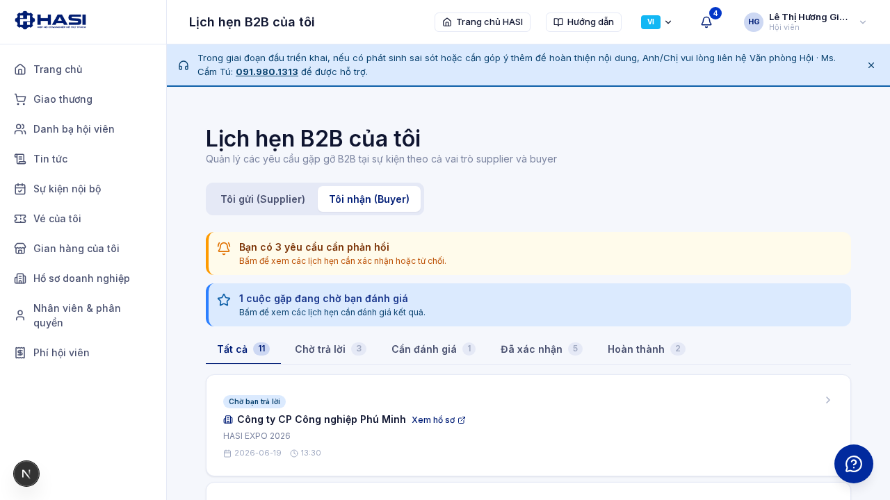 Trang Lịch hẹn B2B tập trung với tab Tôi nhận và bộ lọc sự kiện
