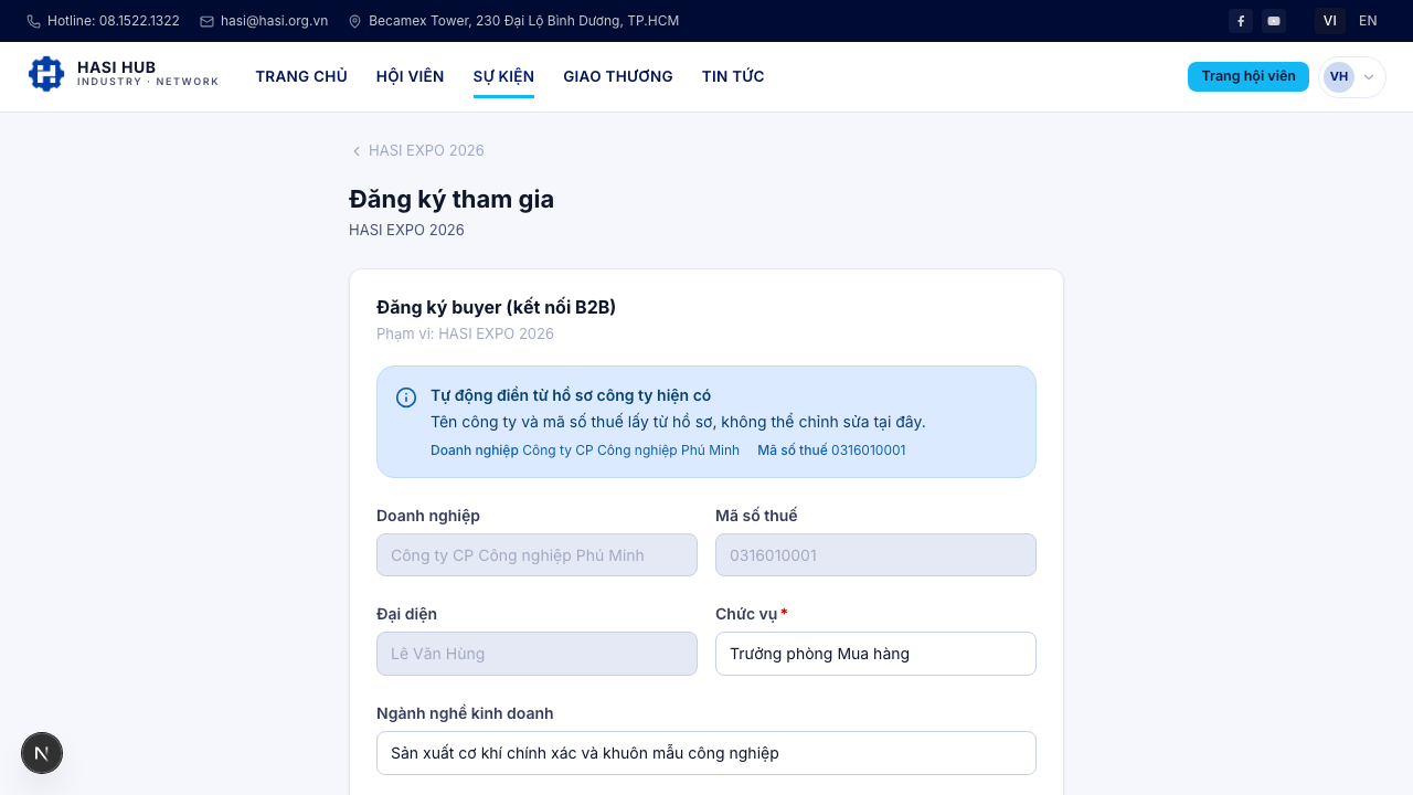 Form đăng ký buyer với thông tin doanh nghiệp, đại diện và chức vụ