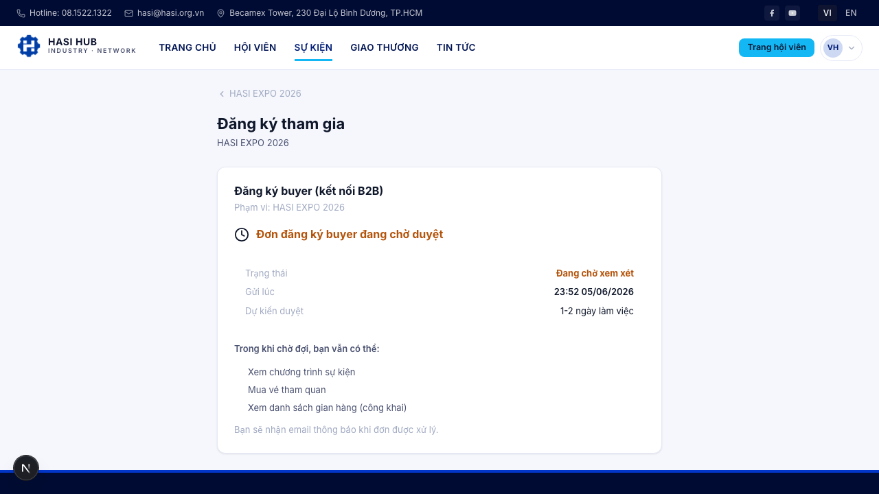 Thẻ trạng thái đơn đăng ký buyer đang chờ VP HASI duyệt
