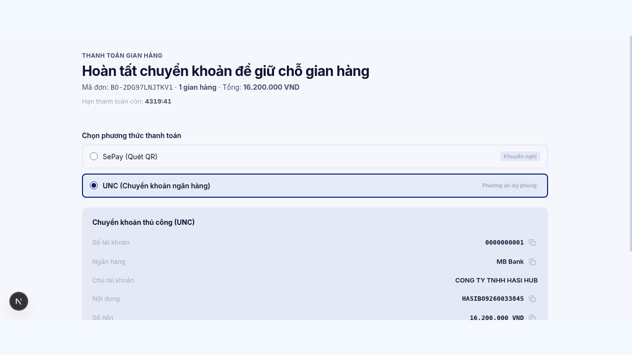 Trang thanh toán với thông tin tài khoản và nội dung chuyển khoản UNC