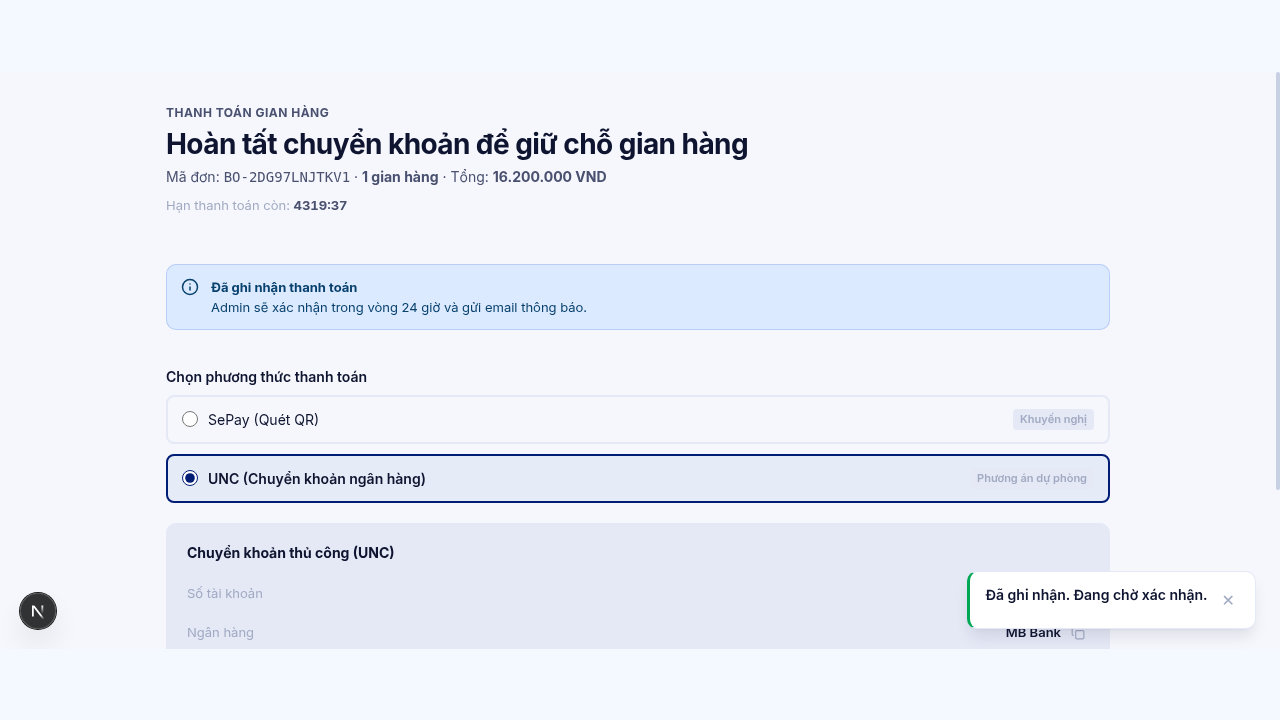 Trạng thái đã ghi nhận thanh toán, chờ VP HASI xác nhận