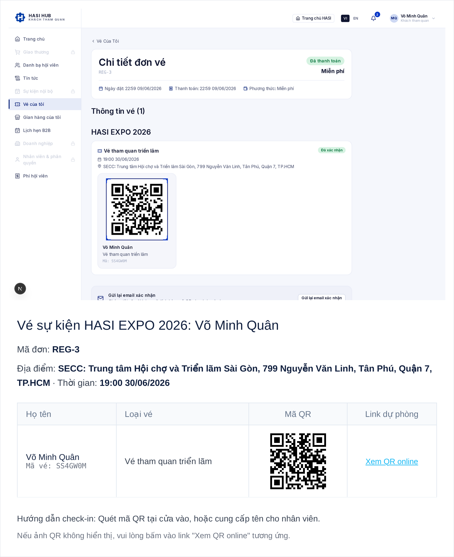 Vé trong Vé của tôi (có mã QR và mã vé ngắn) và email vé gửi kèm mã QR
