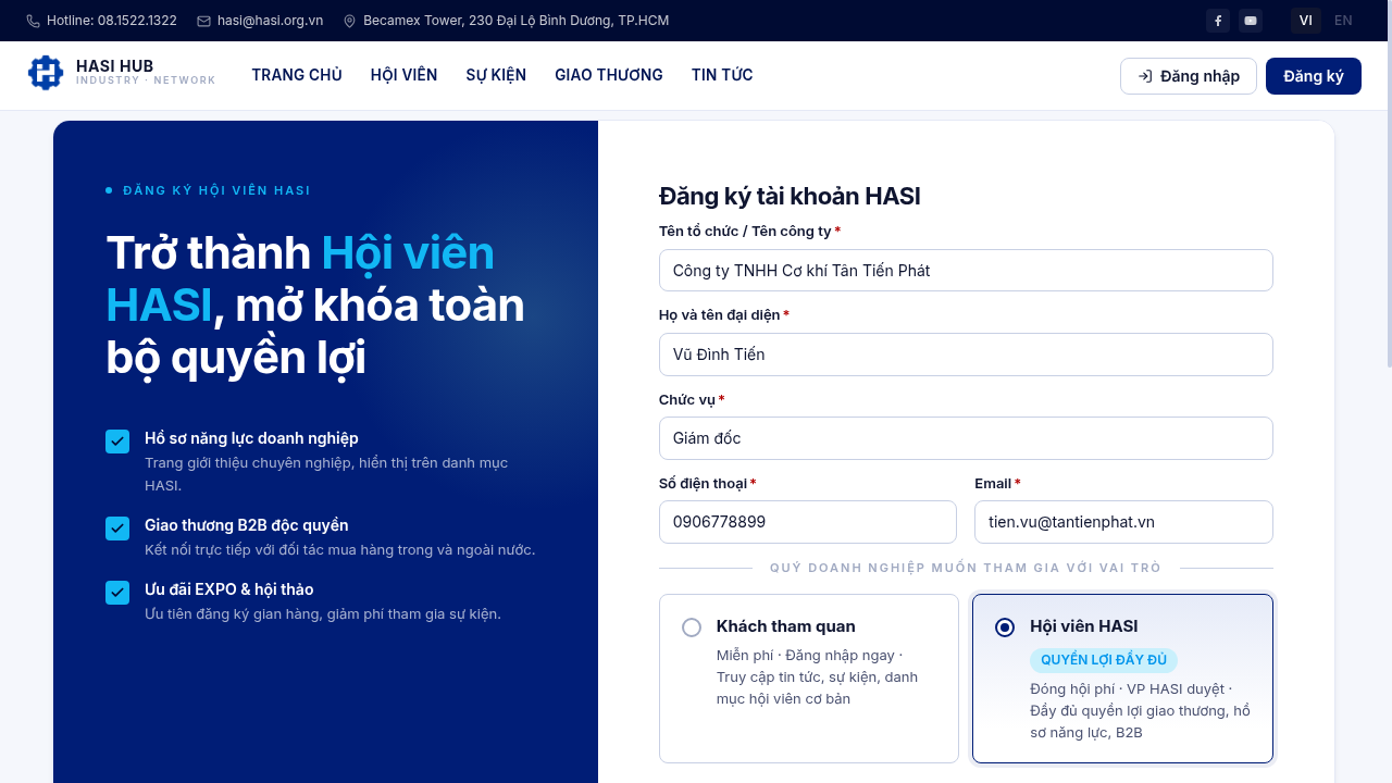 Biểu mẫu đăng ký và lựa chọn vai trò Hội viên HASI