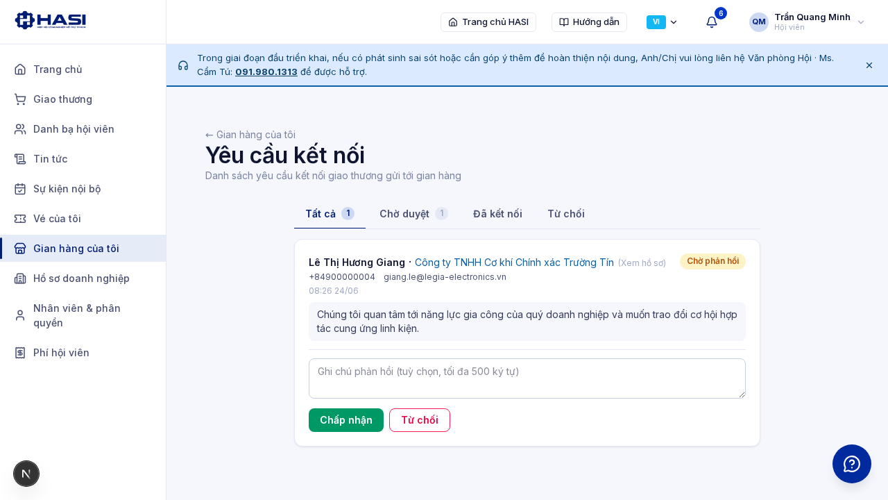 Danh sách yêu cầu kết nối với tên người gửi, công ty và trạng thái