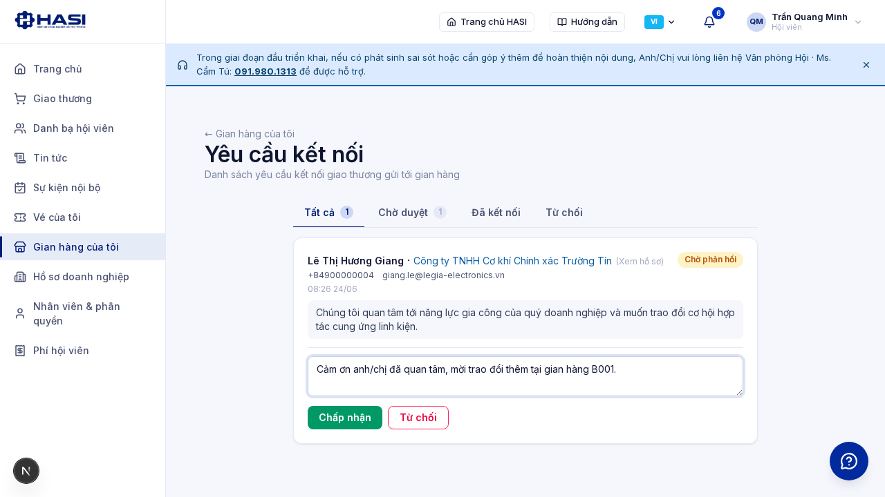 Ô nhập ghi chú và hai nút Chấp nhận, Từ chối trên yêu cầu kết nối