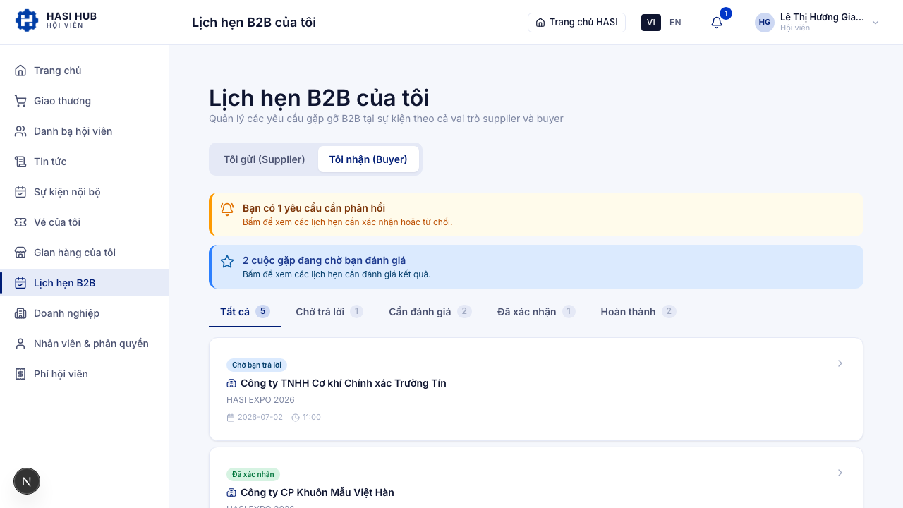Danh sách yêu cầu gặp B2B phía buyer, tab Tôi nhận