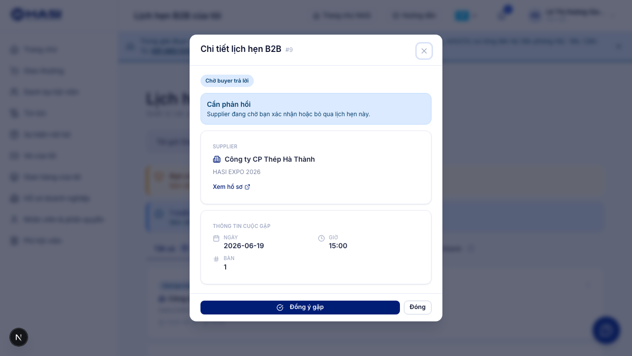 Thẻ yêu cầu B2B với tên bên gửi click được và nút Xem hồ sơ kế bên