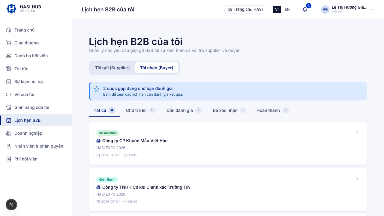 Trang Lịch hẹn B2B, tab buyer, danh sách các cuộc gặp