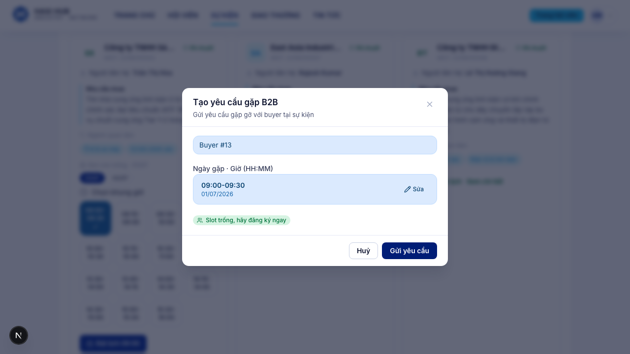 Hộp thoại Tạo yêu cầu gặp B2B với thông tin sự kiện, buyer và khung giờ đã điền sẵn