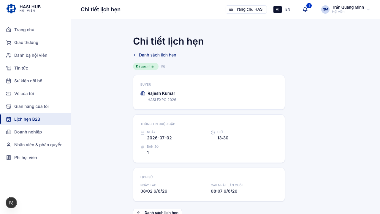 Trang chi tiết lịch hẹn B2B: trạng thái, buyer, khung giờ và thao tác