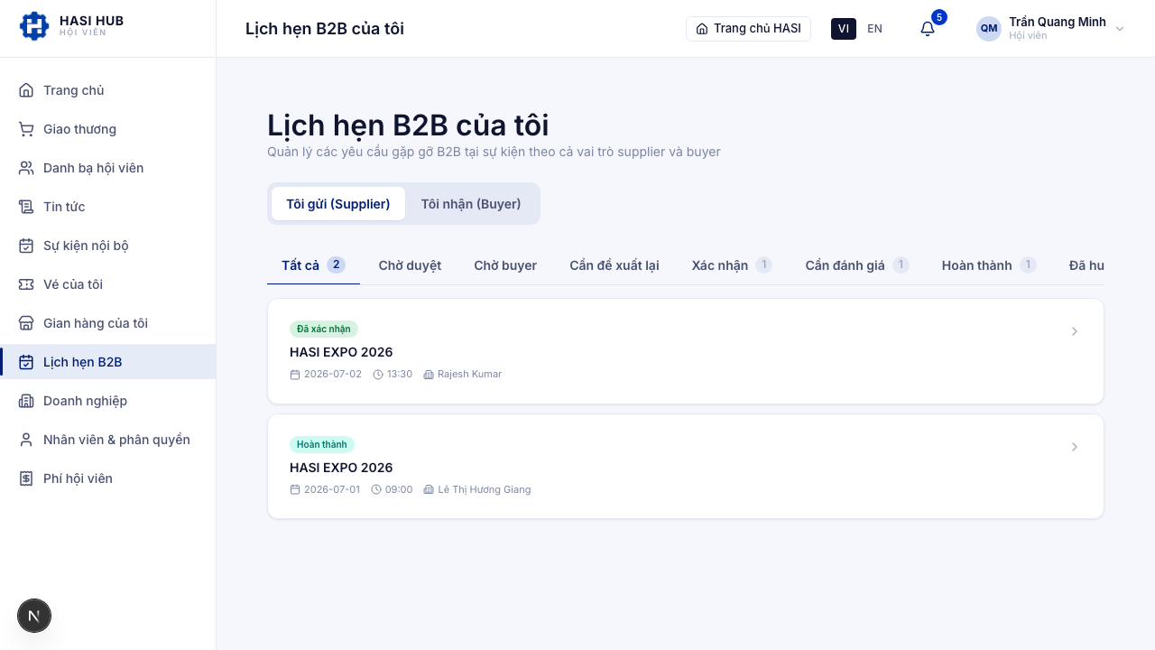 Các thẻ lịch hẹn B2B kèm nhãn trạng thái