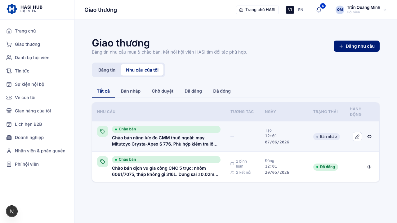 Tab Nhu cầu của tôi với danh sách nhu cầu của hội viên