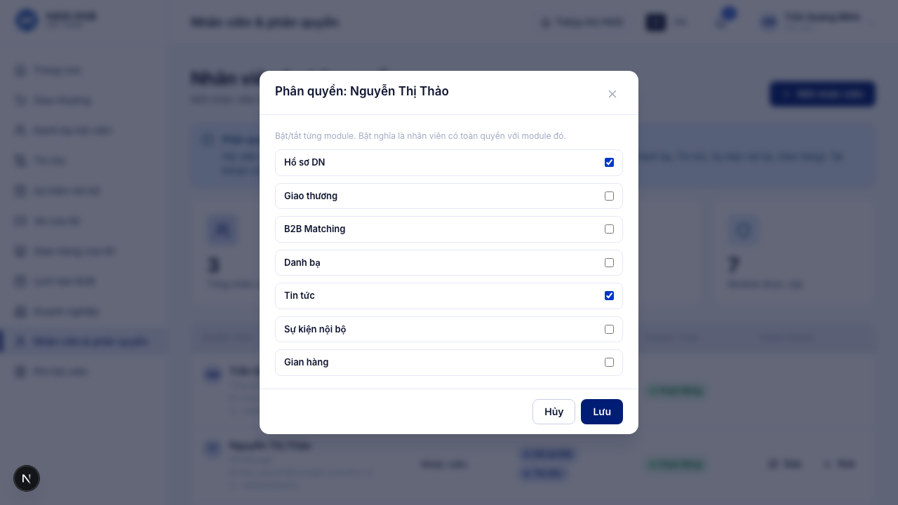 Modal Phân quyền với danh sách checkbox 9 module: Hồ sơ DN, Giao thương, B2B, Danh bạ, Tin tức, Sự kiện, Gian hàng, Sửa hồ sơ Người mua, Sửa hồ sơ Nhà cung cấp