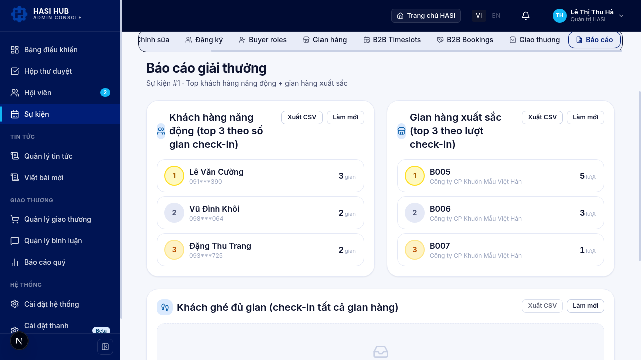 Bảng xếp hạng gian hàng dẫn đầu kèm nút Xuất CSV