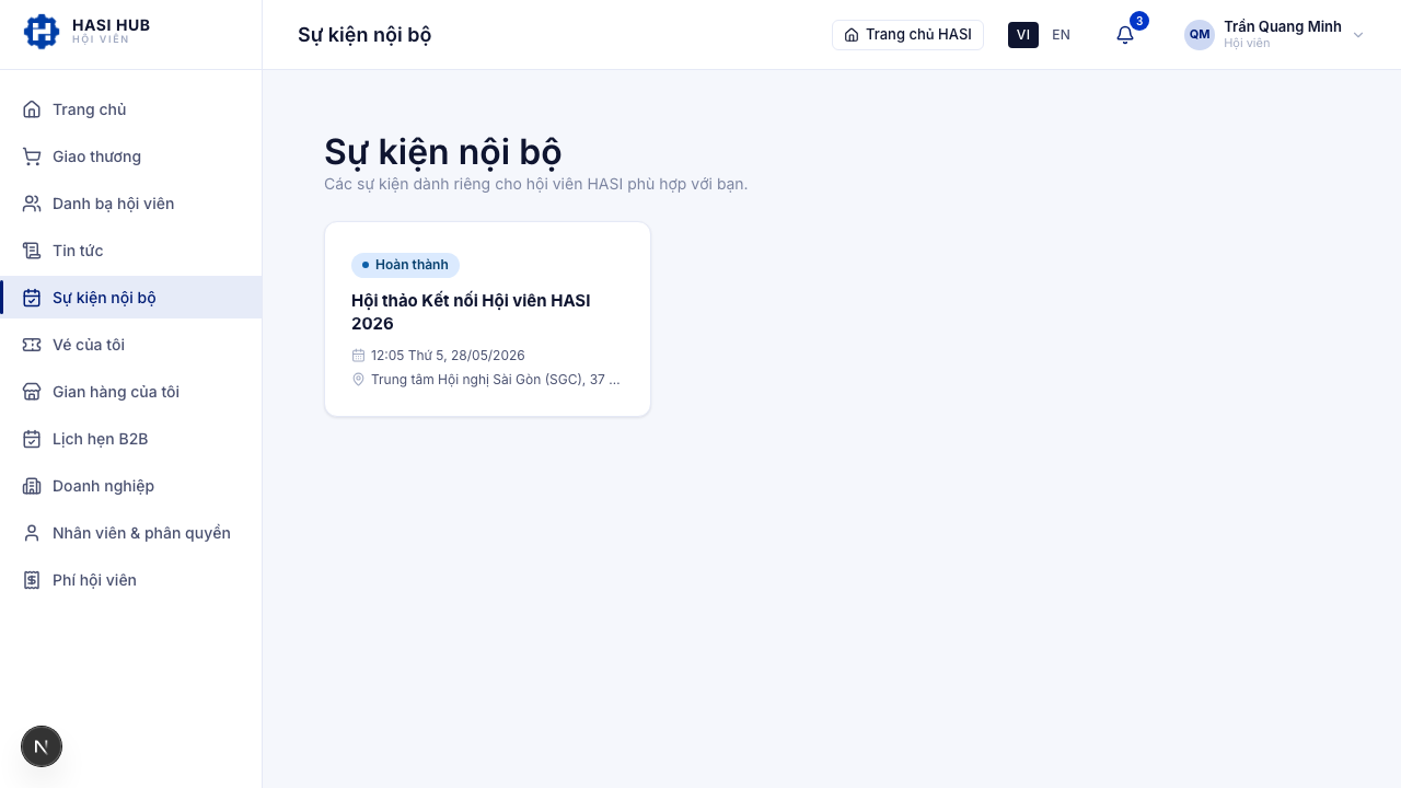 Trang Sự kiện nội bộ với tiêu đề, phụ đề và lưới thẻ sự kiện