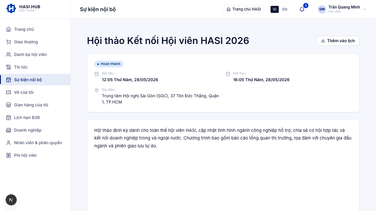 Trang chi tiết sự kiện nội bộ với tiêu đề, ngày giờ, địa điểm và phần mô tả