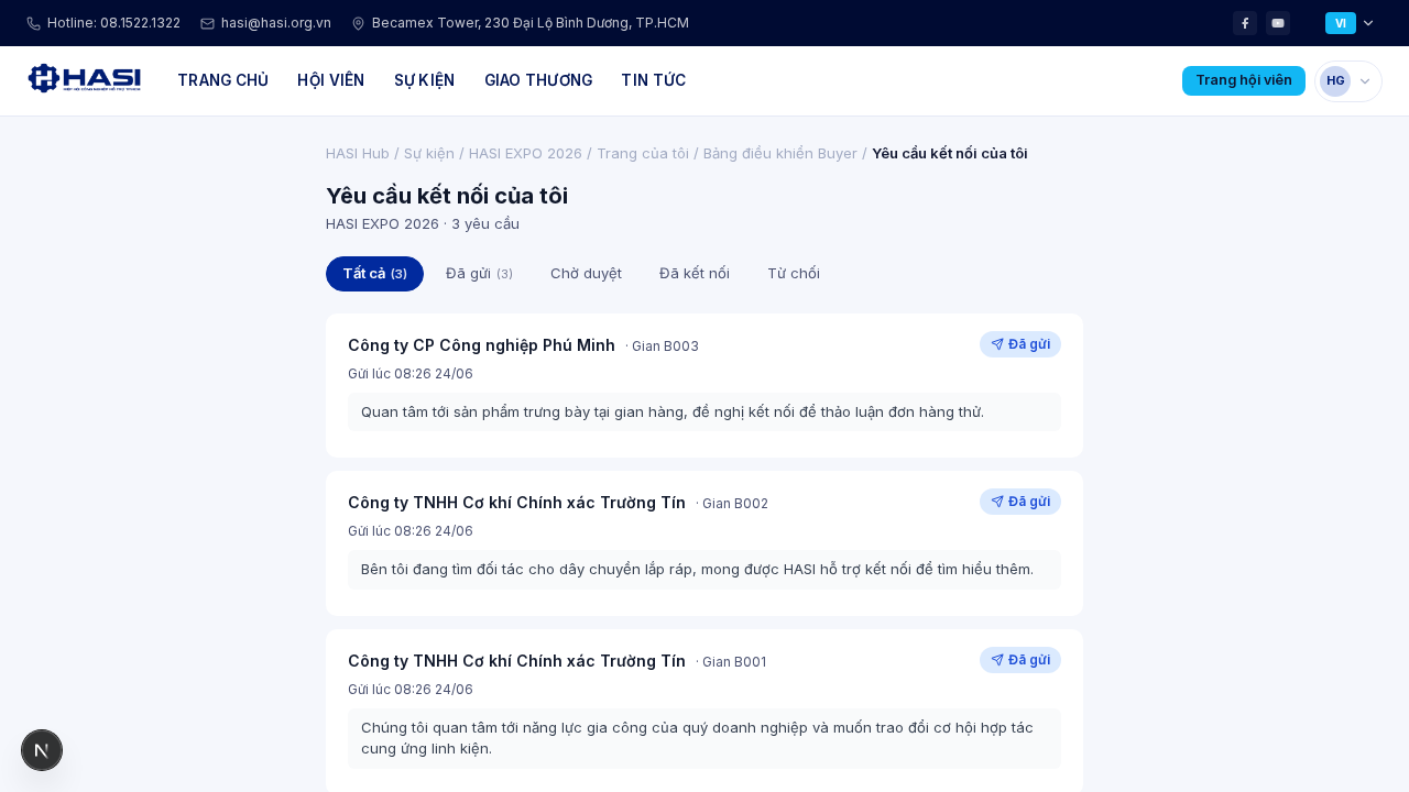 Trang Yêu cầu kết nối của tôi với danh sách yêu cầu kèm trạng thái