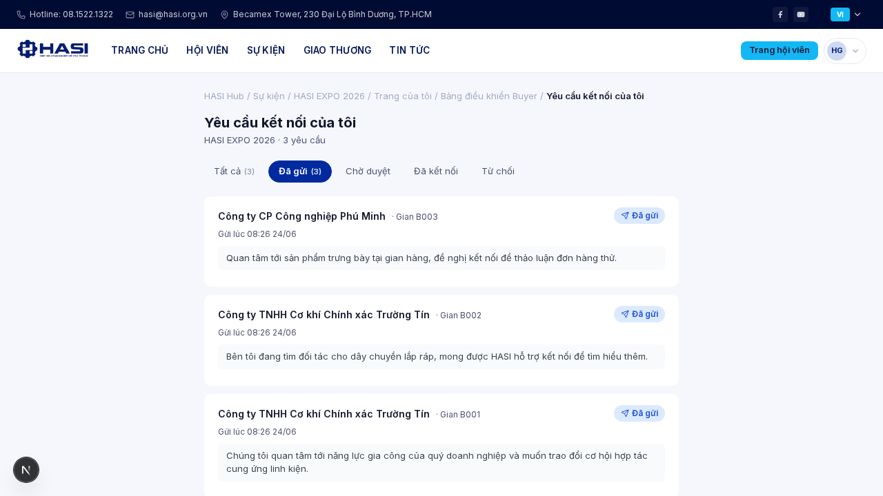 Tab lọc Đã kết nối và thẻ yêu cầu với ghi chú phản hồi từ gian hàng